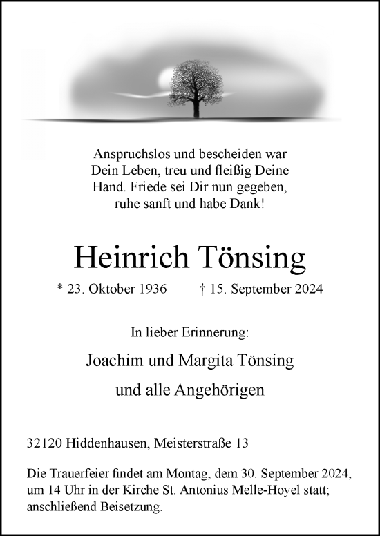 Traueranzeige von Heinrich Tönsing von Neue Osnabrücker Zeitung GmbH & Co. KG