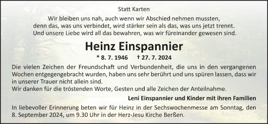 Traueranzeige von Heinz Einspannier von Neue Osnabrücker Zeitung GmbH & Co. KG