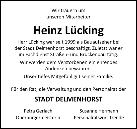 Traueranzeige von Heinz Lücking von DK Medien GmbH & Co. KG