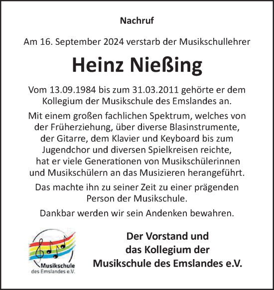 Traueranzeige von Heinz Nießing von Neue Osnabrücker Zeitung GmbH & Co. KG