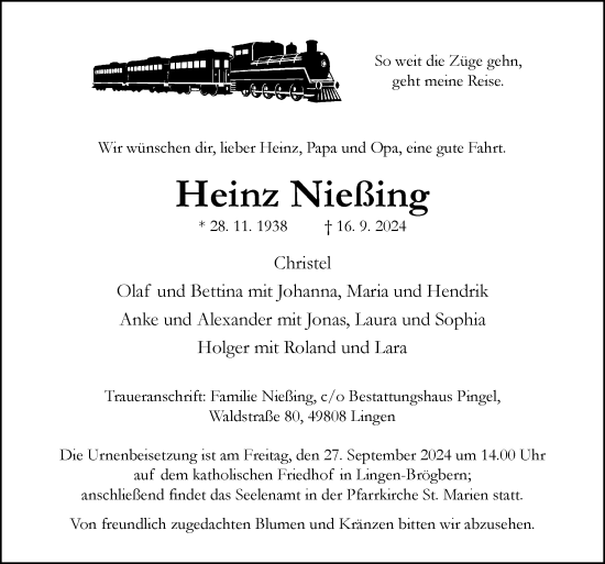 Traueranzeige von Heinz Nießing von Neue Osnabrücker Zeitung GmbH & Co. KG