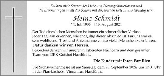 Traueranzeige von Heinz Schmidt von Neue Osnabrücker Zeitung GmbH & Co. KG