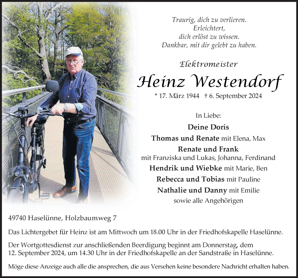  Traueranzeige für Heinz Westendorf vom 09.09.2024 aus Neue Osnabrücker Zeitung GmbH & Co. KG