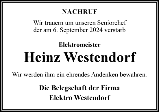 Traueranzeige von Heinz Westendorf von Neue Osnabrücker Zeitung GmbH & Co. KG