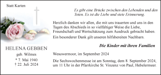 Traueranzeige von Helena Gebben von Neue Osnabrücker Zeitung GmbH & Co. KG