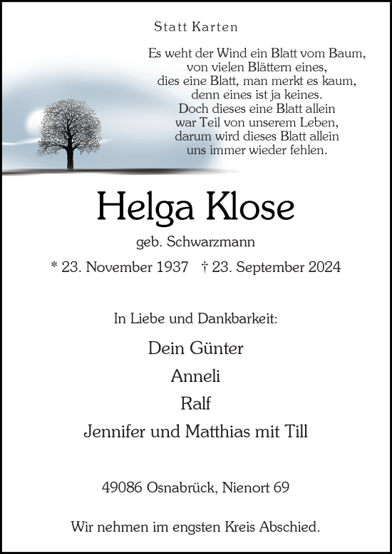 Traueranzeige von Helga Klose von Neue Osnabrücker Zeitung GmbH & Co. KG