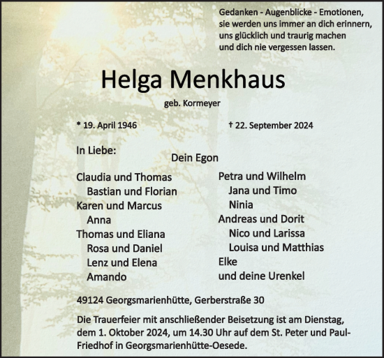 Traueranzeige von Helga Menkhaus von Neue Osnabrücker Zeitung GmbH & Co. KG