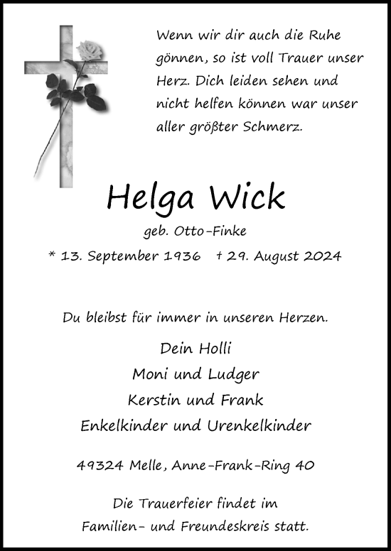 Traueranzeige von Helga Wick von Neue Osnabrücker Zeitung GmbH & Co. KG