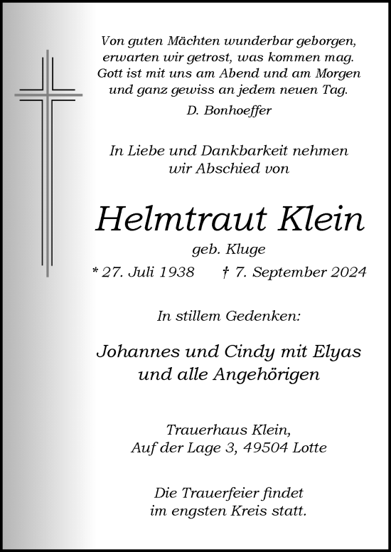 Traueranzeige von Helmtraut Klein von Neue Osnabrücker Zeitung GmbH & Co. KG