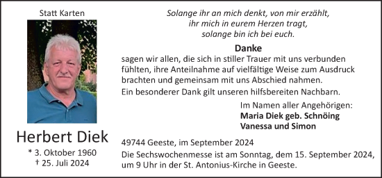 Traueranzeige von Herbert Diek von Neue Osnabrücker Zeitung GmbH & Co. KG