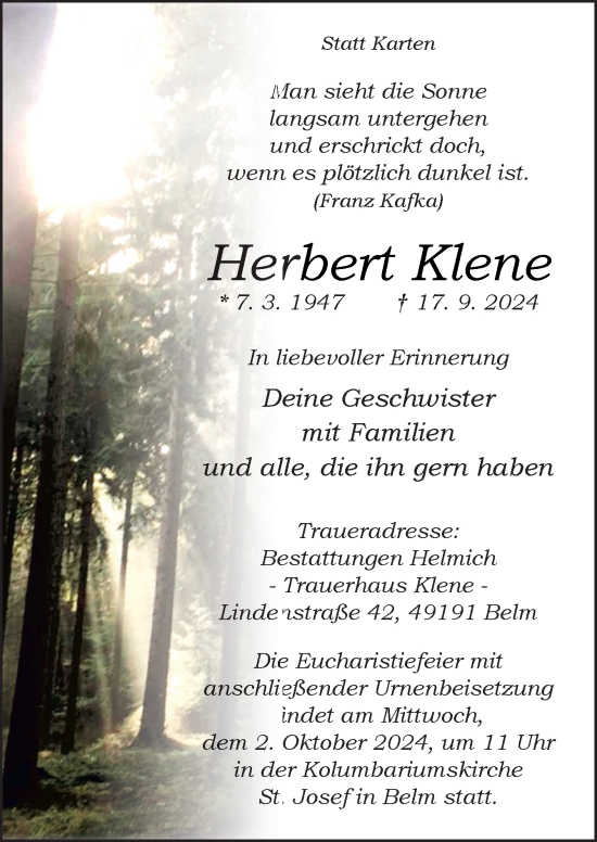 Traueranzeige von Herbert Klene von Neue Osnabrücker Zeitung GmbH & Co. KG