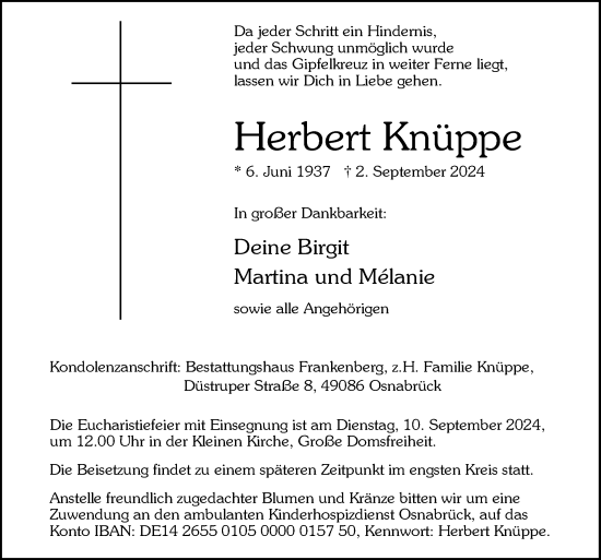 Traueranzeige von Herbert Knüppe von Neue Osnabrücker Zeitung GmbH & Co. KG