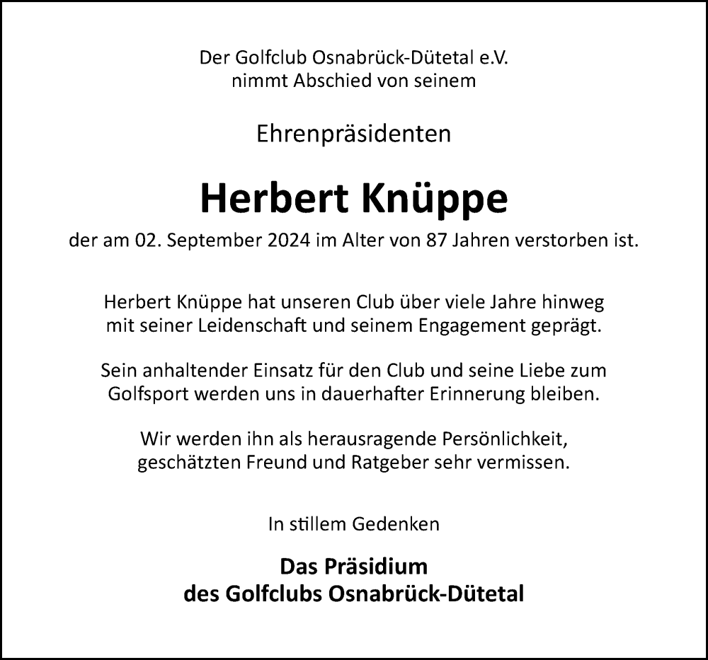  Traueranzeige für Herbert Knüppe vom 07.09.2024 aus Neue Osnabrücker Zeitung GmbH & Co. KG