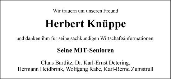 Traueranzeige von Herbert Knüppe von Neue Osnabrücker Zeitung GmbH & Co. KG