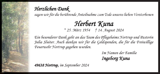 Traueranzeige von Herbert Kuna von Neue Osnabrücker Zeitung GmbH & Co. KG