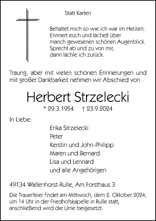 Traueranzeige von Herbert Strzelecki von Neue Osnabrücker Zeitung GmbH & Co. KG