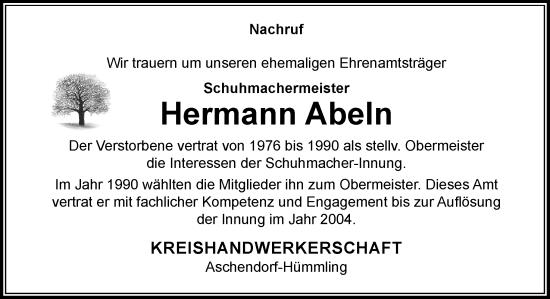 Traueranzeige von Hermann Abeln von Neue Osnabrücker Zeitung GmbH & Co. KG