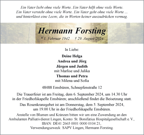 Traueranzeige von Hermann Forsting von Neue Osnabrücker Zeitung GmbH & Co. KG