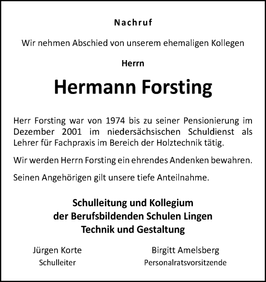 Traueranzeige von Hermann Forsting von Neue Osnabrücker Zeitung GmbH & Co. KG