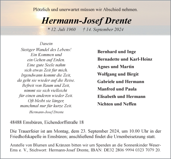 Traueranzeige von Hermann-Josef Drente von Neue Osnabrücker Zeitung GmbH & Co. KG