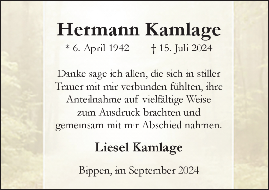 Traueranzeige von Hermann Kamlage von Neue Osnabrücker Zeitung GmbH & Co. KG