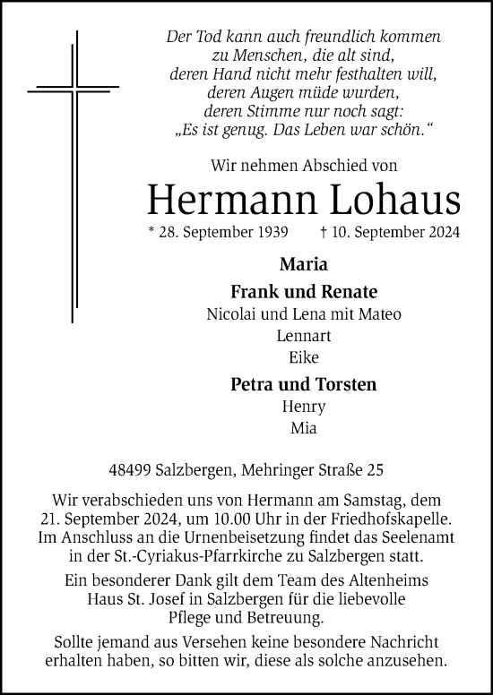 Traueranzeige von Hermann Lohaus von Neue Osnabrücker Zeitung GmbH & Co. KG