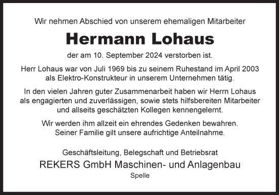 Traueranzeige von Hermann Lohaus von Neue Osnabrücker Zeitung GmbH & Co. KG