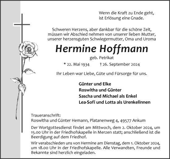 Traueranzeige von Hermine Hoffmann von Neue Osnabrücker Zeitung GmbH & Co. KG