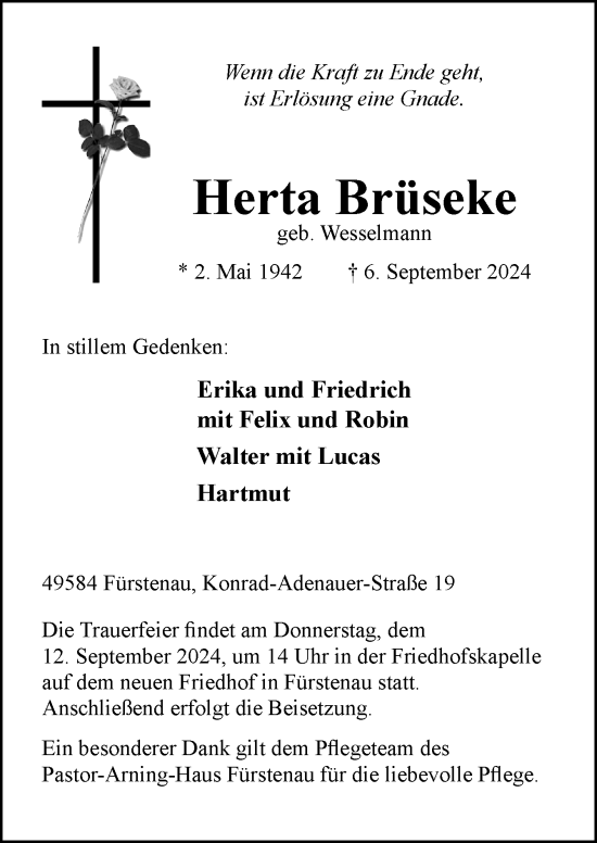 Traueranzeige von Herta Brüseke von Neue Osnabrücker Zeitung GmbH & Co. KG