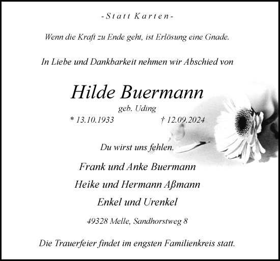 Traueranzeige von Hilde Buermann von Neue Osnabrücker Zeitung GmbH & Co. KG