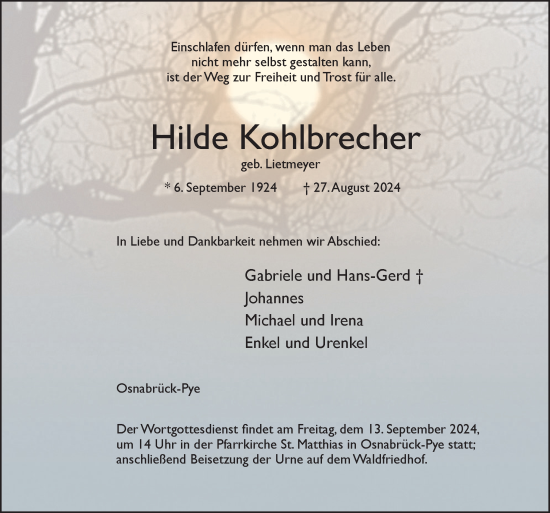 Traueranzeige von Hilde Kohlbrecher von Neue Osnabrücker Zeitung GmbH & Co. KG