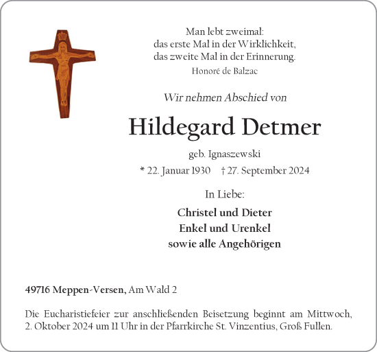 Traueranzeige von Hildegard Detmer von Neue Osnabrücker Zeitung GmbH & Co. KG