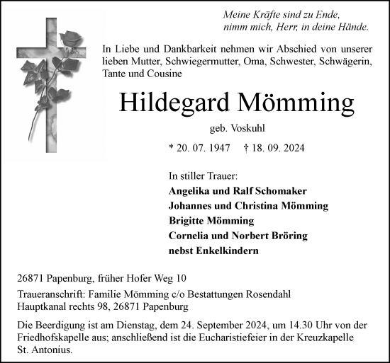 Traueranzeige von Hildegard Mömming von Neue Osnabrücker Zeitung GmbH & Co. KG