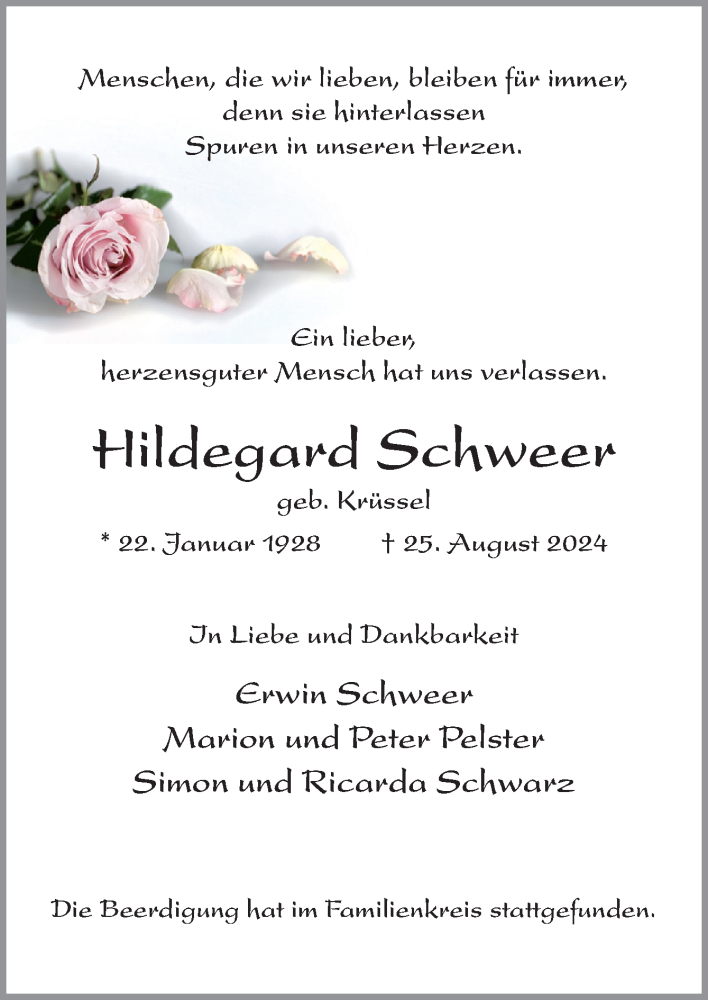  Traueranzeige für Hildegard Schweer vom 14.09.2024 aus Neue Osnabrücker Zeitung GmbH & Co. KG