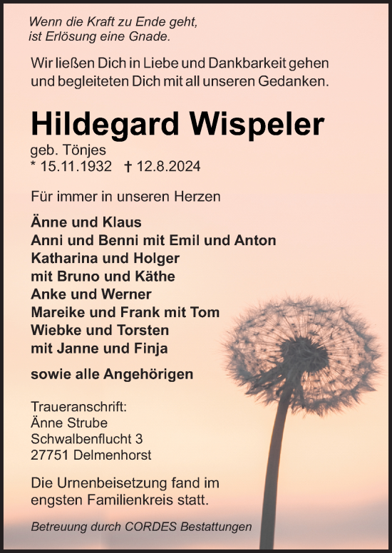 Traueranzeige von Hildegard Wispeler von DK Medien GmbH & Co. KG