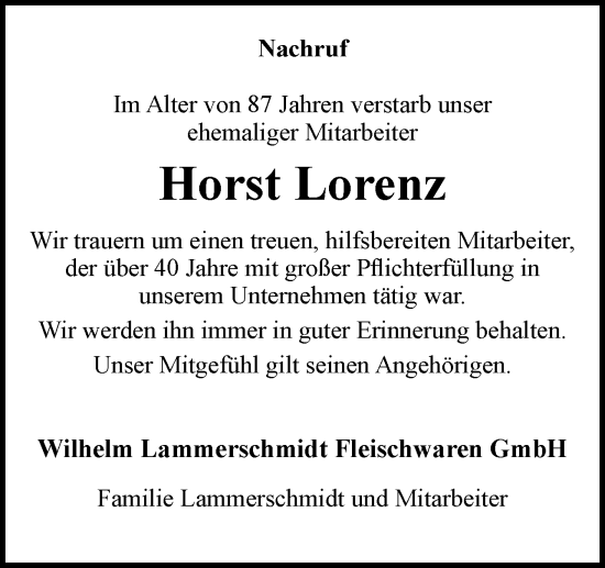 Traueranzeige von Horst Lorenz von Neue Osnabrücker Zeitung GmbH & Co. KG