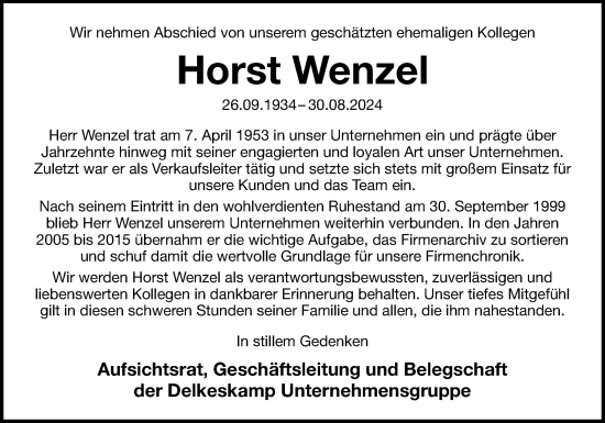 Traueranzeige von Horst Wenzel von Neue Osnabrücker Zeitung GmbH & Co. KG