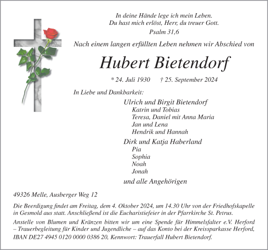 Traueranzeige von Hubert Bietendorf von Neue Osnabrücker Zeitung GmbH & Co. KG