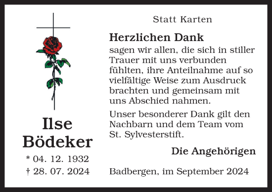 Traueranzeige von Ilse Bödeker von Neue Osnabrücker Zeitung GmbH & Co. KG