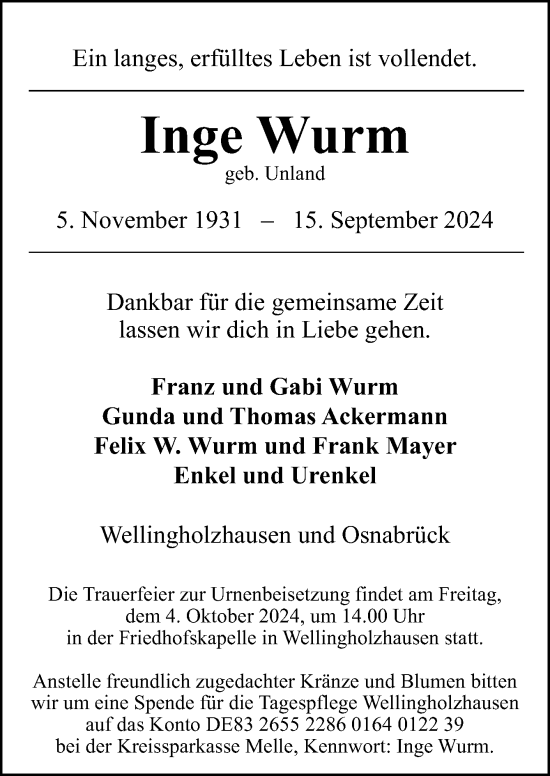 Traueranzeige von Inge Wurm von Neue Osnabrücker Zeitung GmbH & Co. KG