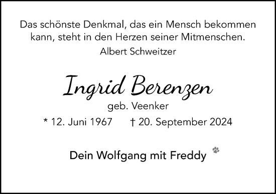 Traueranzeige von Ingrid Berenzen von Neue Osnabrücker Zeitung GmbH & Co. KG