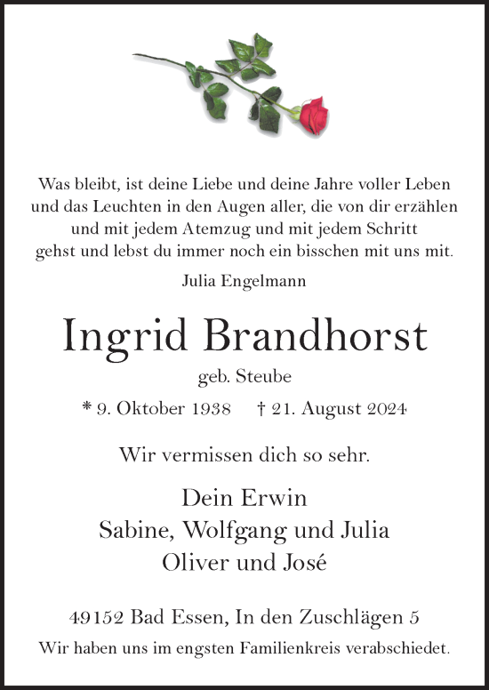 Traueranzeige von Ingrid Brandhorst von Neue Osnabrücker Zeitung GmbH & Co. KG