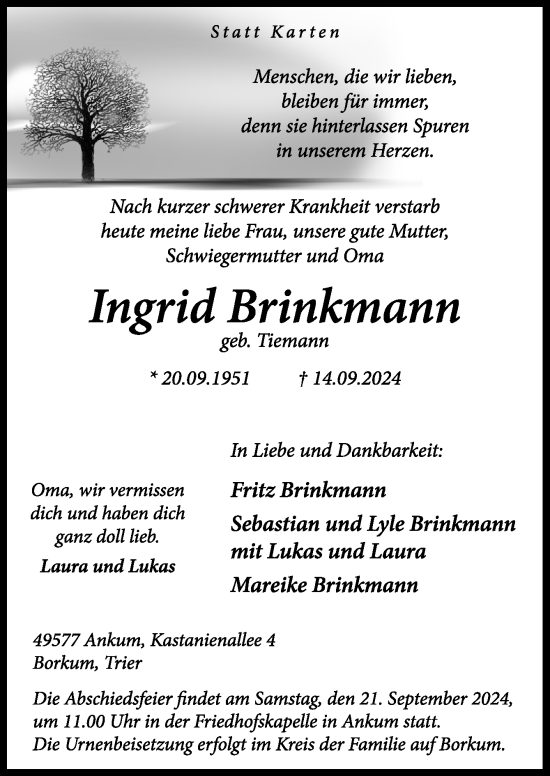 Traueranzeige von Ingrid Brinkmann von Neue Osnabrücker Zeitung GmbH & Co. KG