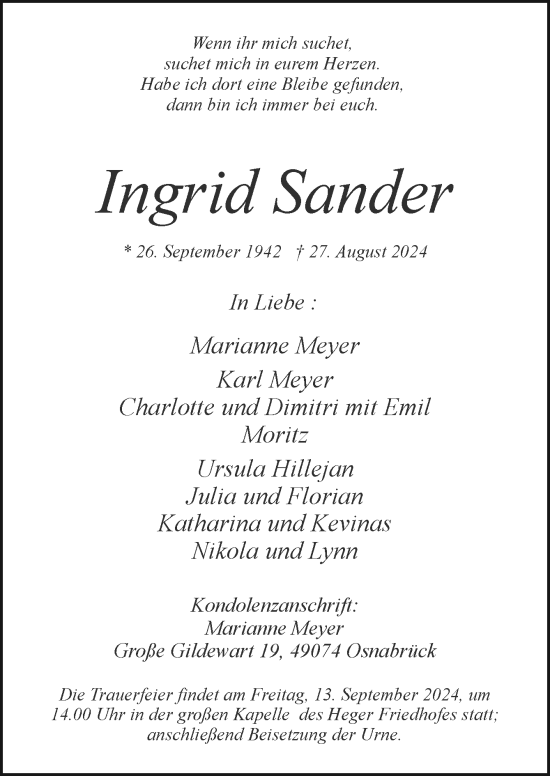 Traueranzeige von Ingrid Sander von Neue Osnabrücker Zeitung GmbH & Co. KG