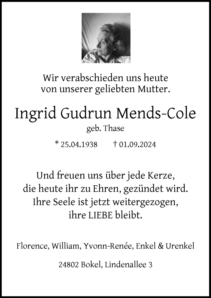  Traueranzeige für Ingrid Gudrun Mends-Cole vom 20.09.2024 aus Neue Osnabrücker Zeitung GmbH & Co. KG