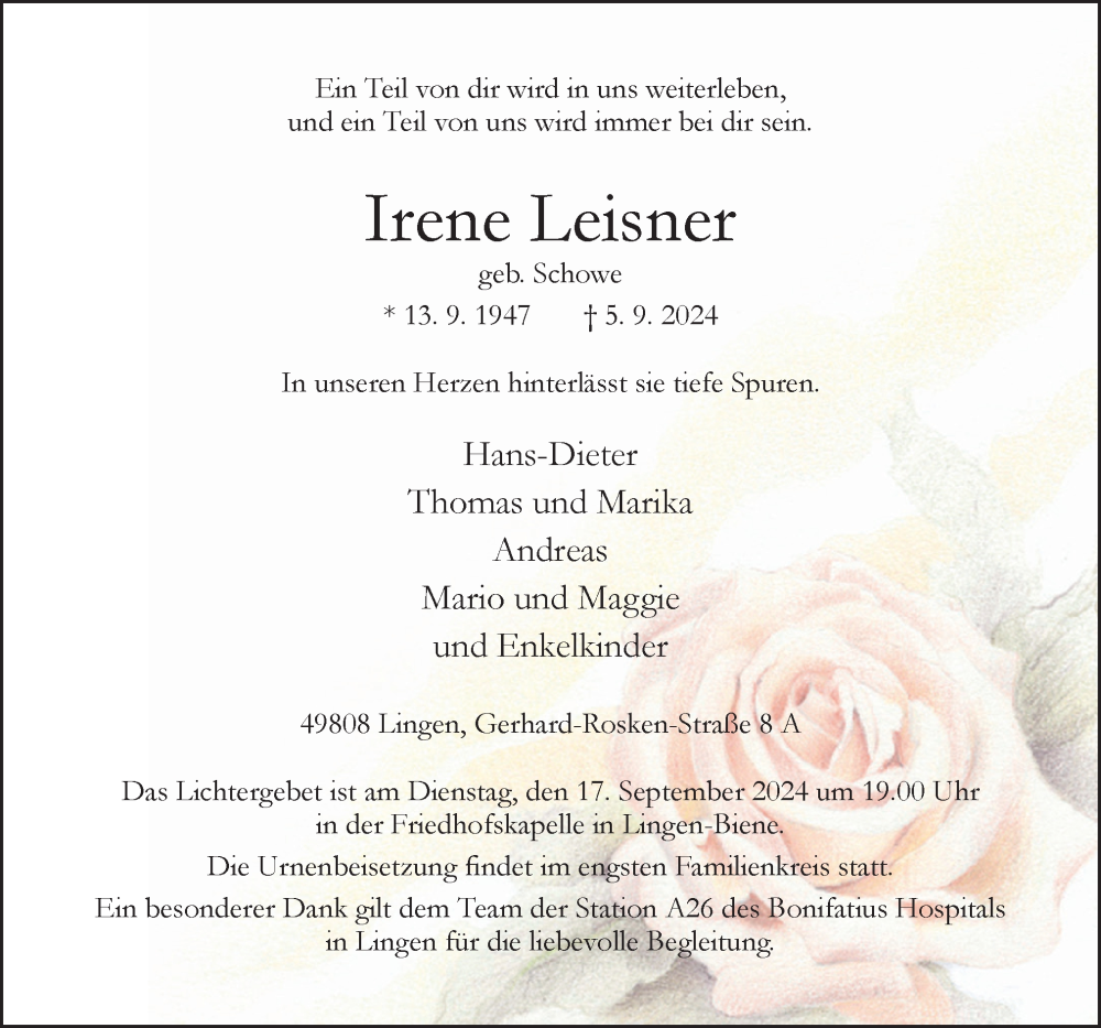  Traueranzeige für Irene Leisner vom 11.09.2024 aus Neue Osnabrücker Zeitung GmbH & Co. KG