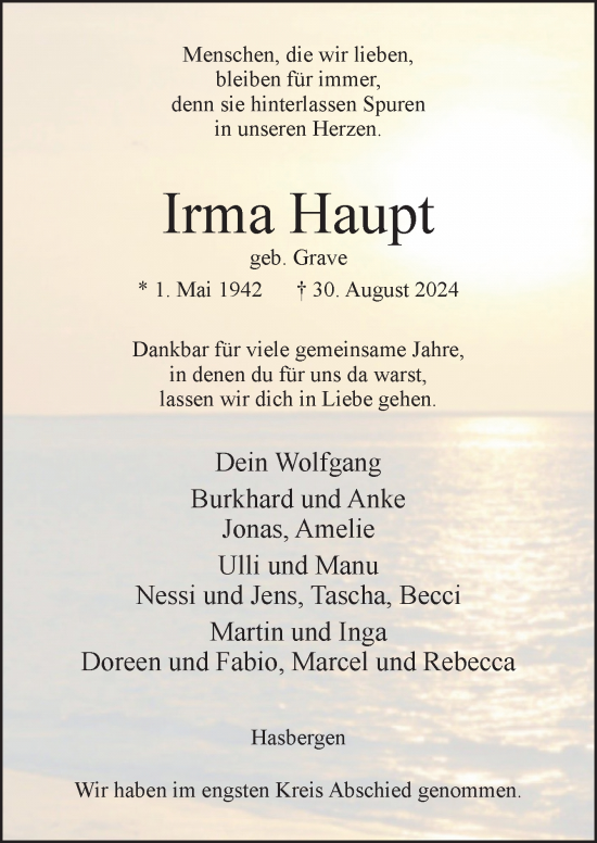 Traueranzeige von Irma Haupt von Neue Osnabrücker Zeitung GmbH & Co. KG