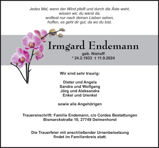 Traueranzeige von Irmgard Endemann von DK Medien GmbH & Co. KG