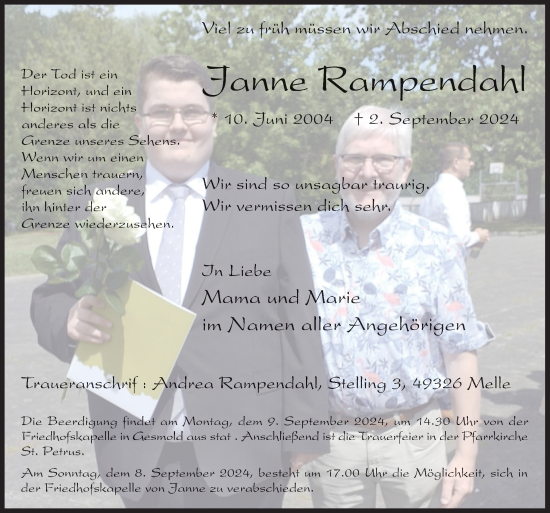 Traueranzeige von Janne Rampendahl von Neue Osnabrücker Zeitung GmbH & Co. KG