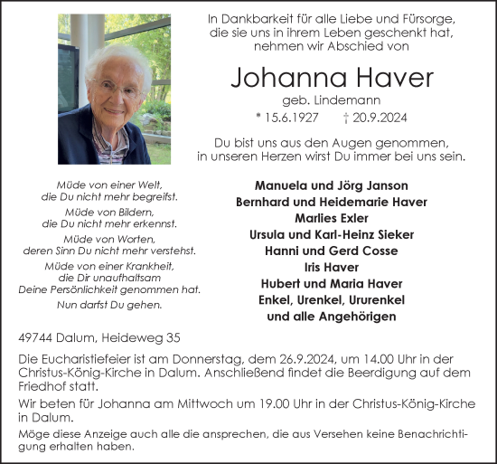 Traueranzeige von Johanna Haver von Neue Osnabrücker Zeitung GmbH & Co. KG